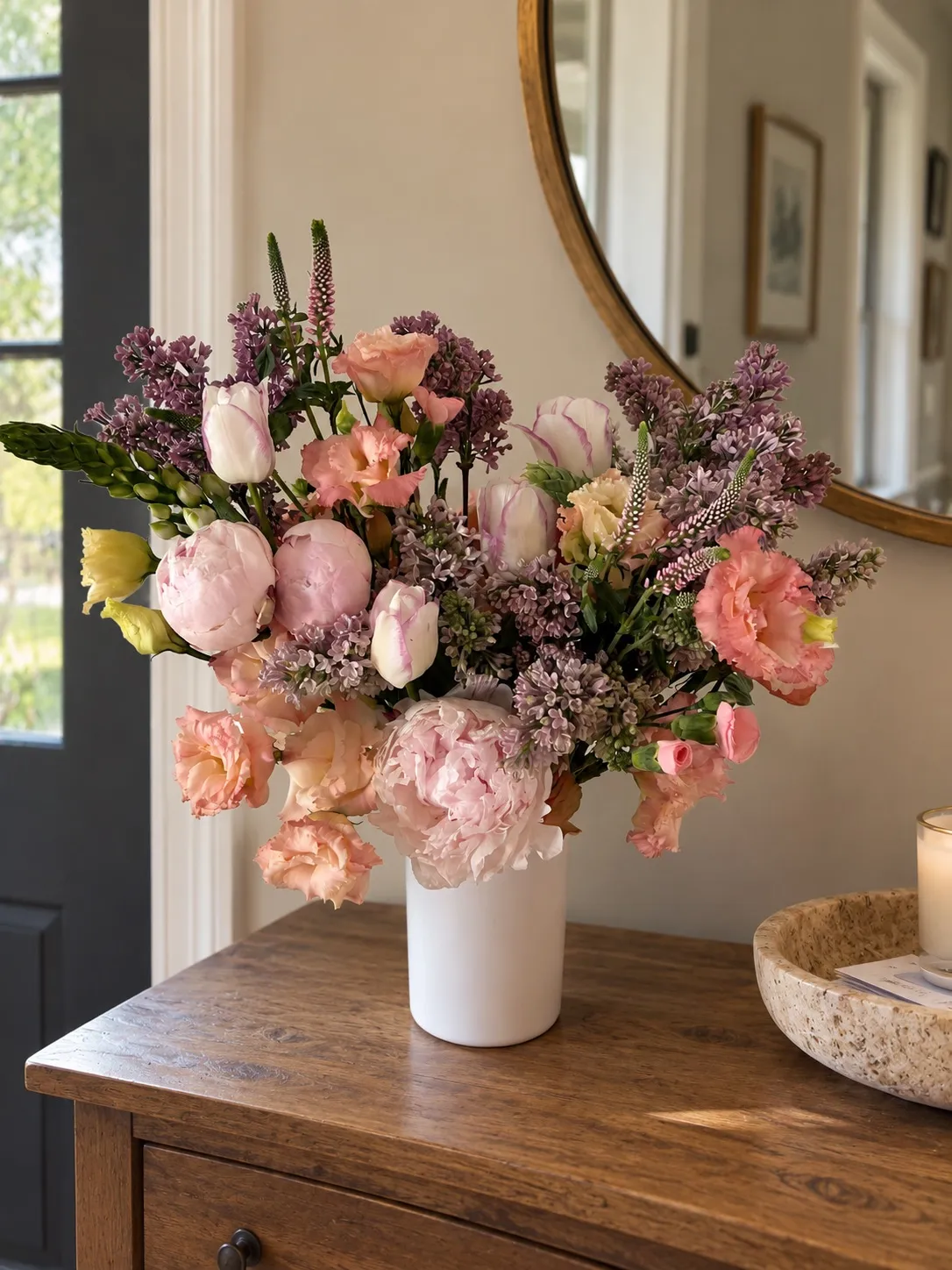 Lilac, blush peony, tulip, and peach lisianthus arrangement in a white vase