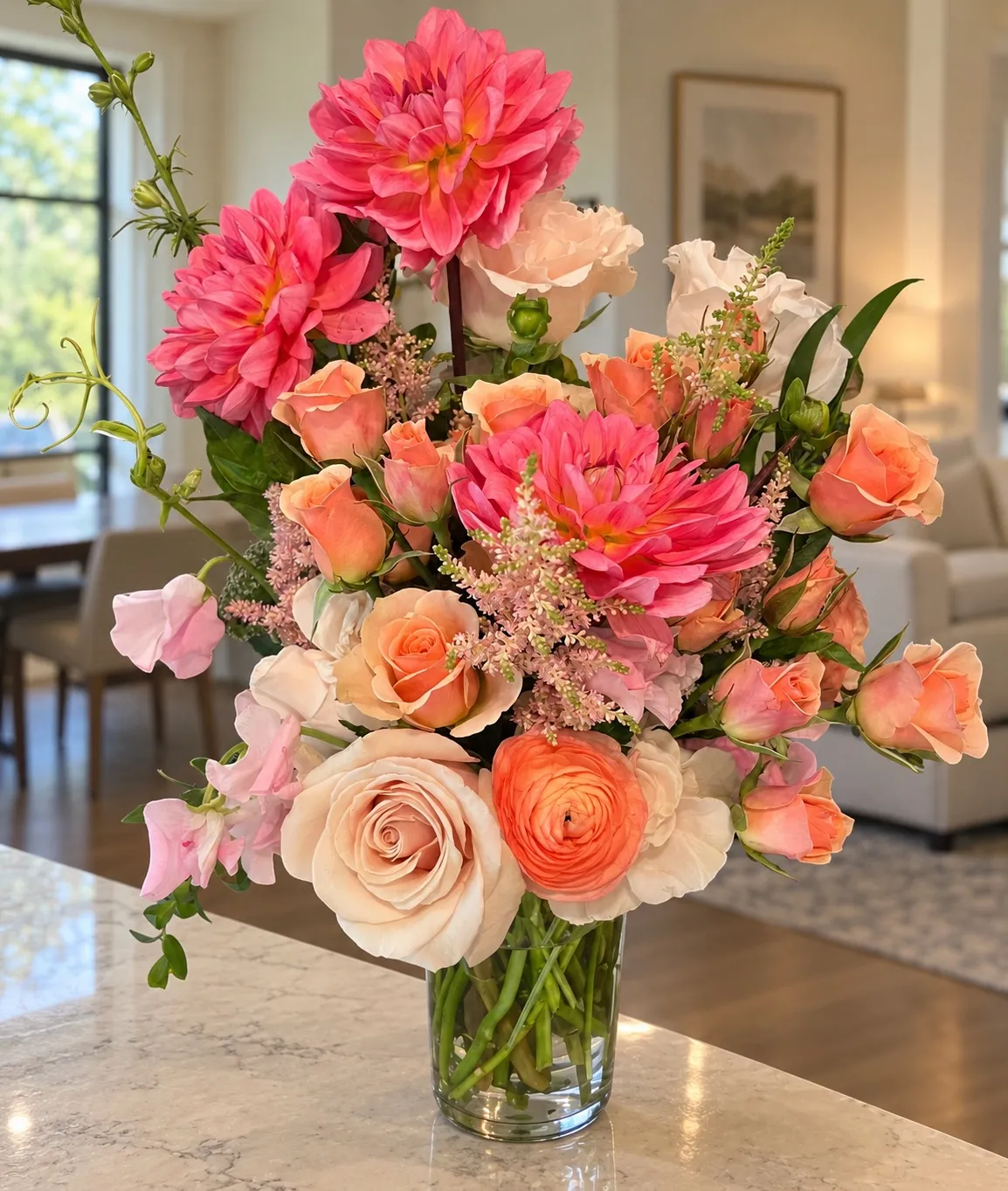 Pink dahlia, peach rose, and orange ranunculus arrangement with astilbe in a glass vase