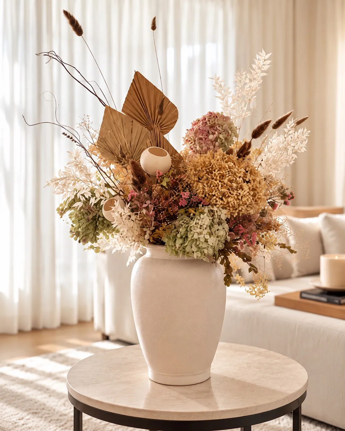 Preserved arrangement of dried hydrangea, palm fans, and grasses in a cream vase
